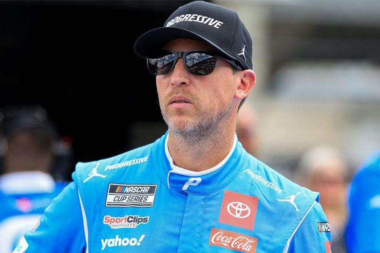 Denny Hamlin looks on at Indianapolis.