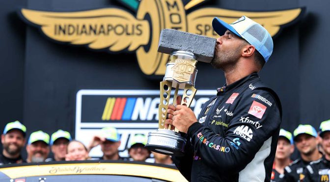 Featured image for Bubba Wallace holds on in double overtime, rolls to Brickyard 400 victory
