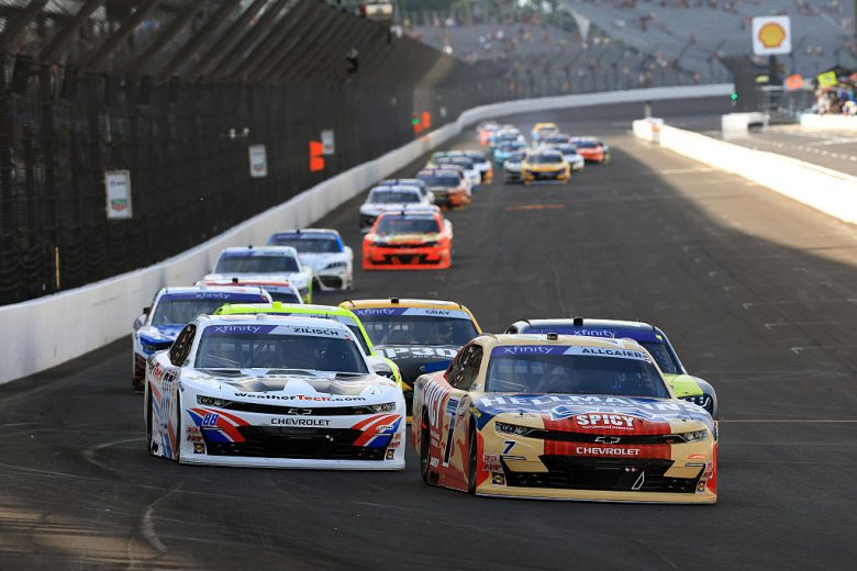 A general view of racing at Indianapolis.