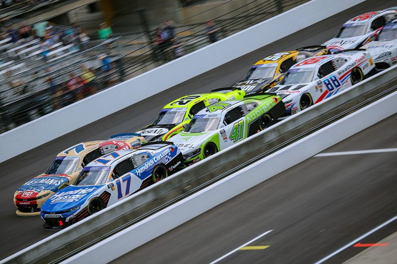 A general view of racing at Indianapolis.
