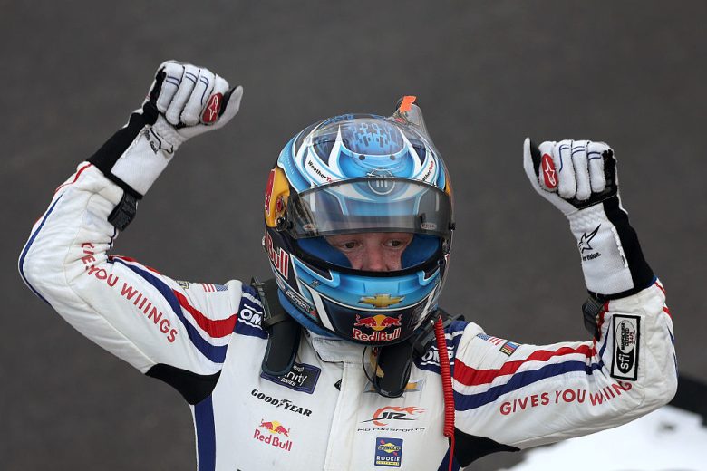 Connor Zilisch celebrates after winning at Indianapolis.
