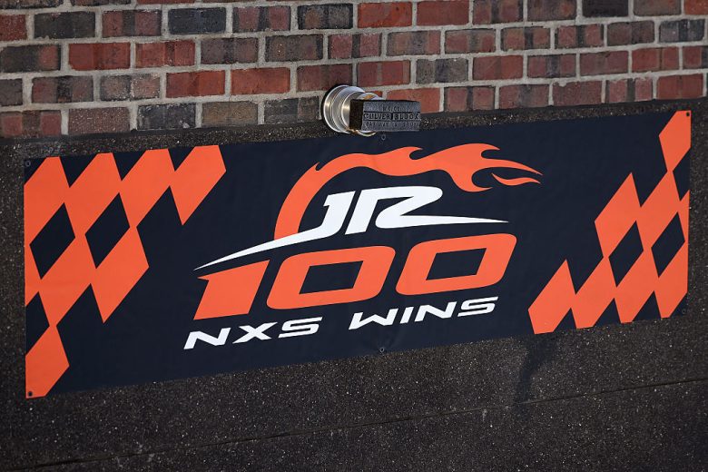 A general view of the 100th win banner for JR Motorsports.
