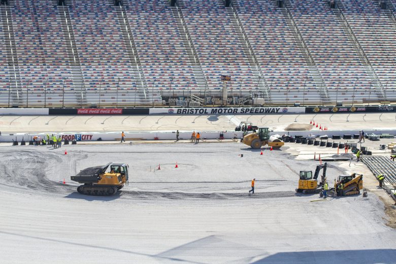 Construction crews work at Bristol Motor Speedway.