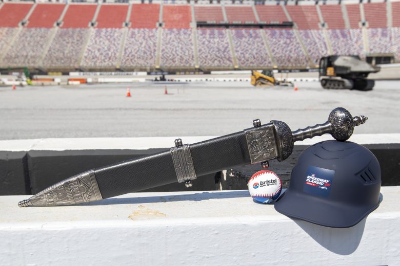 A view of a sword, baseball and batter's helmet at Bristol Motor Speedway.
