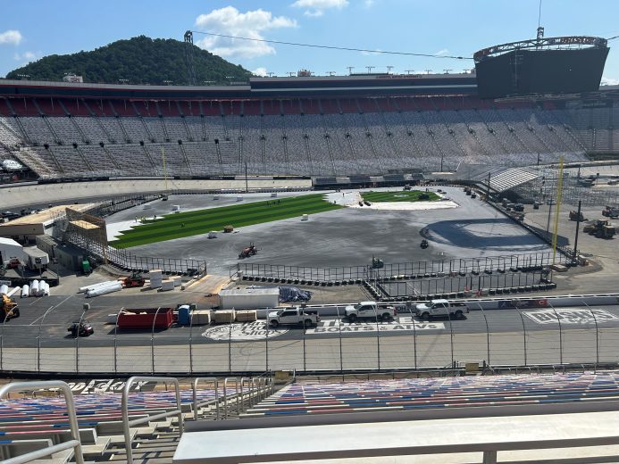 A general view of Bristol Motor Speedway during the construction of a baseball diamond.