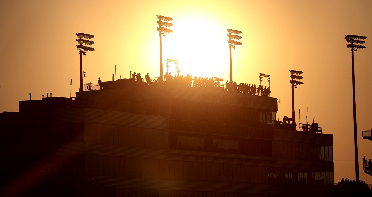 A view of the grandstands as the sun sets at Iowa Speedway.