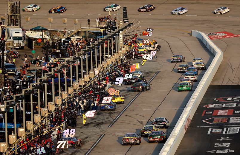 A general view of pit road at Darlington Raceway.