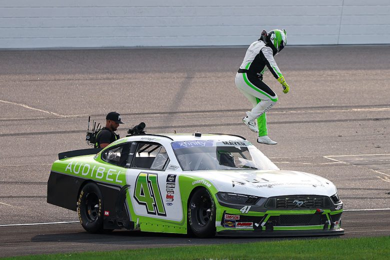 Sam Mayer celebrates after winning at Iowa.