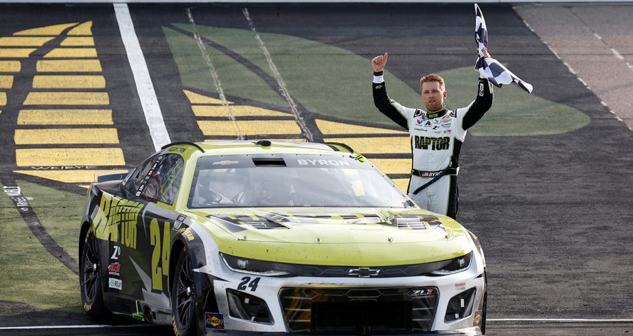 William byron celebrates his nascar cup series win at iowa