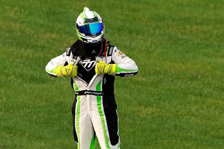 Sam Mayer celebrates after winning at Iowa.