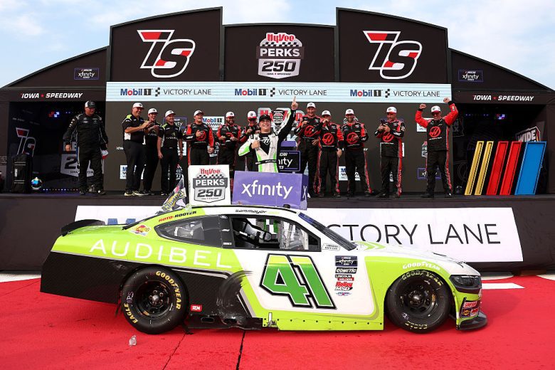 Sam Mayer celebrates in Victory Lane at Iowa.