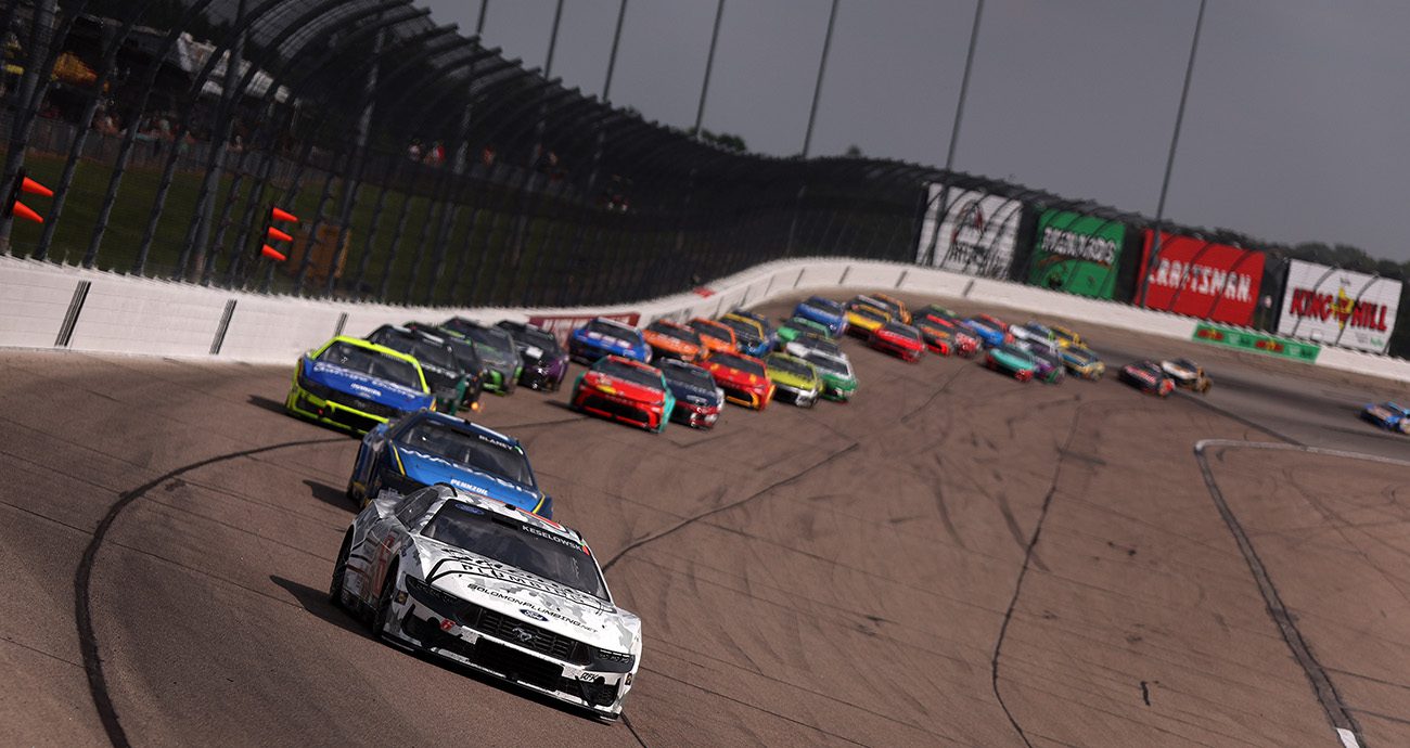 NEWTON, IOWA - AUGUST 03: Brad Keselowski, driver of the #6 Solomon Plumbing Ford, leads the field during the NASCAR Cup Series Iowa Corn 350 Powered by Ethanol at Iowa Speedway on August 03, 2025 in Newton, Iowa. (Photo by Meg Oliphant/Getty Images)