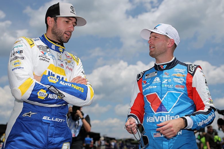Chase Elliott (L) speaks with William Byron (R).