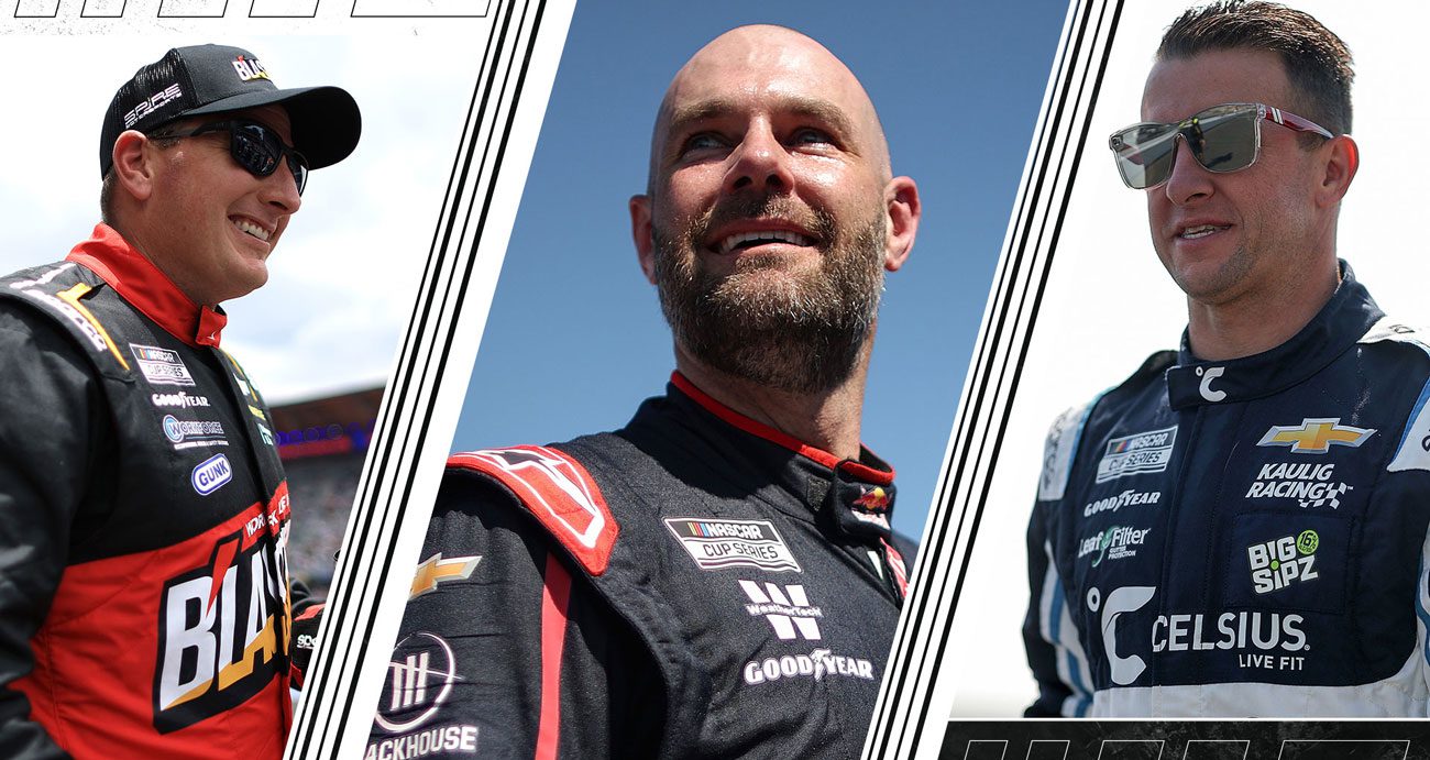 A split image depicting Michael McDowell (L), Shane van Gisbergen (C) and AJ Allmendinger (R).