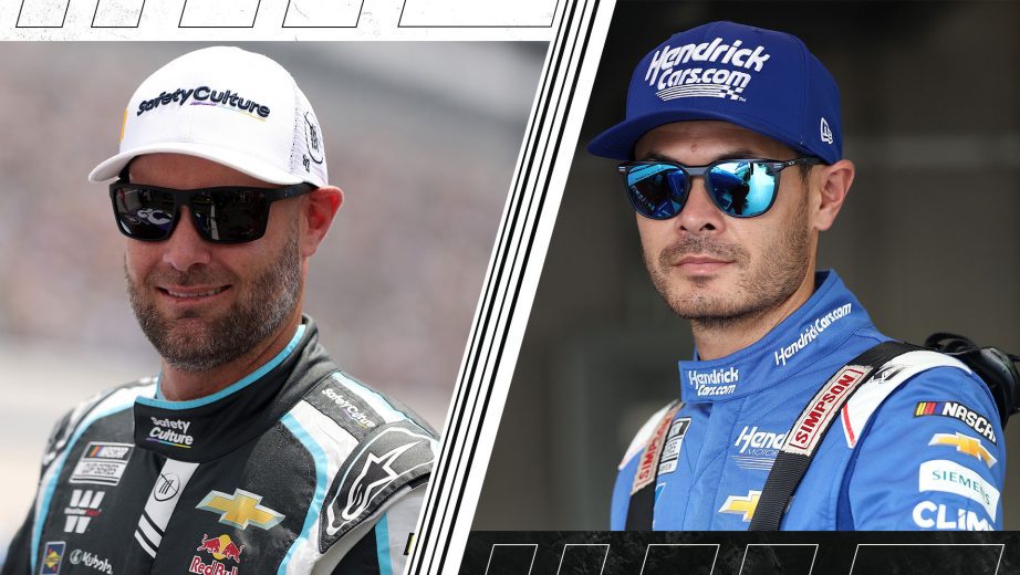 A split imate depicting Shane van Gisbergen (L) and Kyle Larson (R).