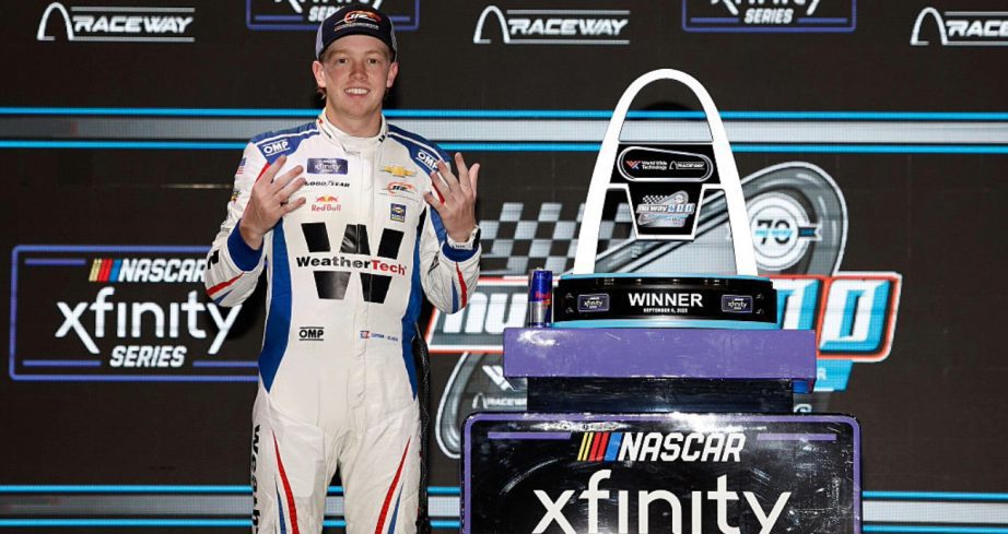Connor Zilisch celebrates in Victory Lane at Gateway.