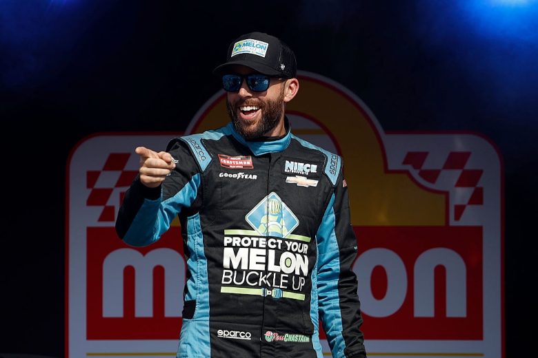 Ross Chastain points to the audience before a NASCAR Craftsman Truck Series race at Watkins Glen International.