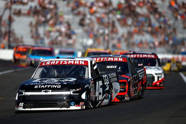 Connor Zilisch, in the No. 45 Niece Motorsports Chevrolet, leads a group of NASCAR Craftsman Truck Series trucks during a race at Watkins Glen International.