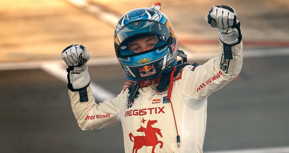 Connor Zilisch celebrates on the frontstretch at Watkins Glen International