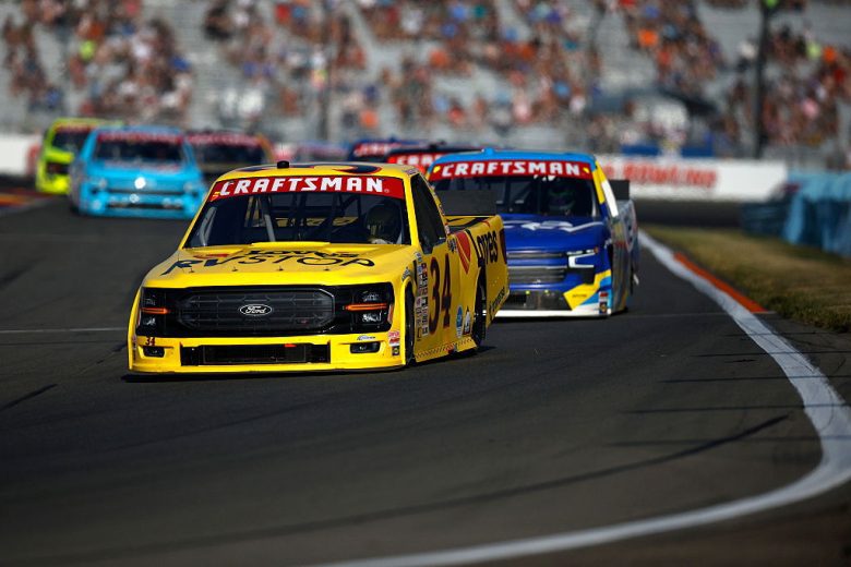 Layne Riggs drives the No. 34 Front Row Motorsports Ford during a NASCAR Craftsman Truck Series race at Watkins Glen International.