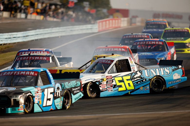 Timmy Hill's No. 56 Hill Motorsports Toyota spins out during a NASCAR Craftsman Truck Series race at Watkins Glen International.