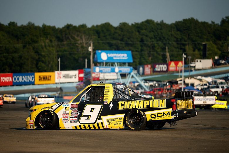 Grant Enfinger's No. 9 CR7 Motorsports Chevrolet spins out during a NASCAR Craftsman Truck Series race at Watkins Glen International.