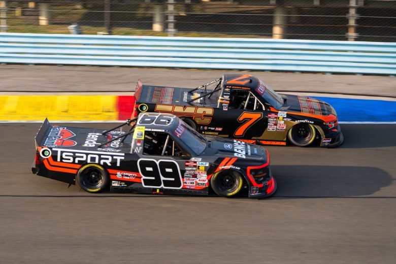 Ben Rhodes, in the No. 99 ThorSport Racing Ford, and Sammy Smith, in the No. 7 Spire Motorsports Chevrolet, race at Watkins Glen International during a NASCAR Craftsman Truck Series competition.