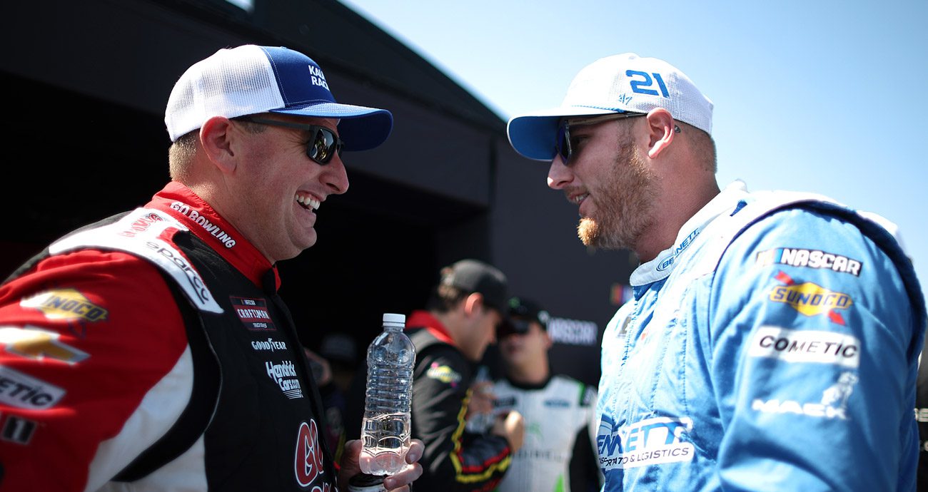 Michael McDowell and Austin Hill before Saturday's NASCAR Xfinity Series race at Watkins Glen.