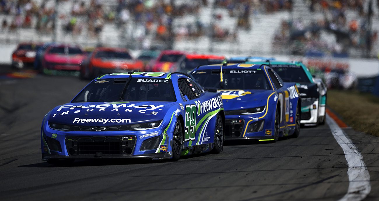 WATKINS GLEN, NEW YORK - AUGUST 10: Daniel Suarez, driver of the #99 Freeway Insurance Chevrolet, drives during the NASCAR Cup Series Go Bowling at The Glen at Watkins Glen International on August 10, 2025 in Watkins Glen, New York. (Photo by Sean Gardner/Getty Images)