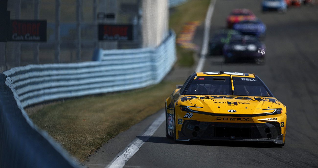 WATKINS GLEN, NEW YORK - AUGUST 10: Christopher Bell, driver of the #20 DEWALT Toyota, drives during the NASCAR Cup Series Go Bowling at The Glen at Watkins Glen International on August 10, 2025 in Watkins Glen, New York. (Photo by Sean Gardner/Getty Images)