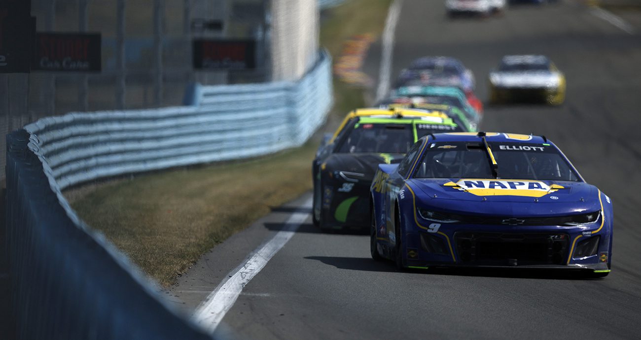 WATKINS GLEN, NEW YORK - AUGUST 10: Chase Elliott, driver of the #9 NAPA Auto Parts Chevrolet, drives during the NASCAR Cup Series Go Bowling at The Glen at Watkins Glen International on August 10, 2025 in Watkins Glen, New York. (Photo by Sean Gardner/Getty Images)