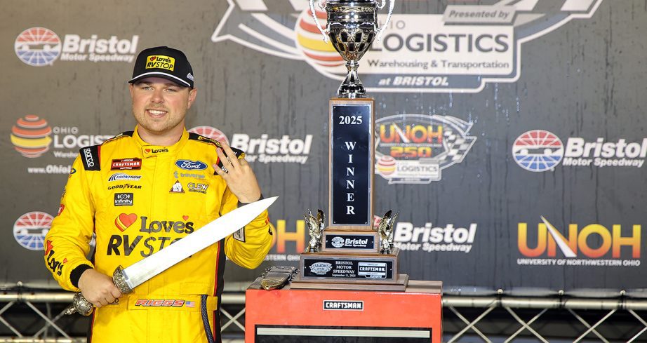layne riggs celebrates a nascar craftsman truck series win at bristol