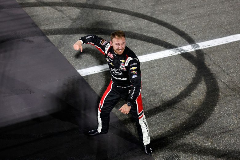 Daniel Hemric celebrates following his NASCAR Craftsman Truck Series win at Martinsville Speedway.