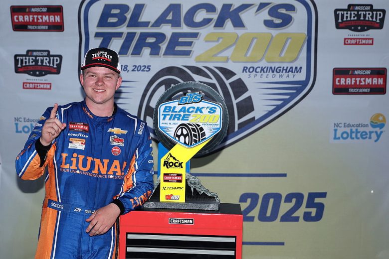 Tyler Ankrum poses for a photo in Victory Lane following his NASCAR Craftsman Truck Series win at Rockingham Speedway.