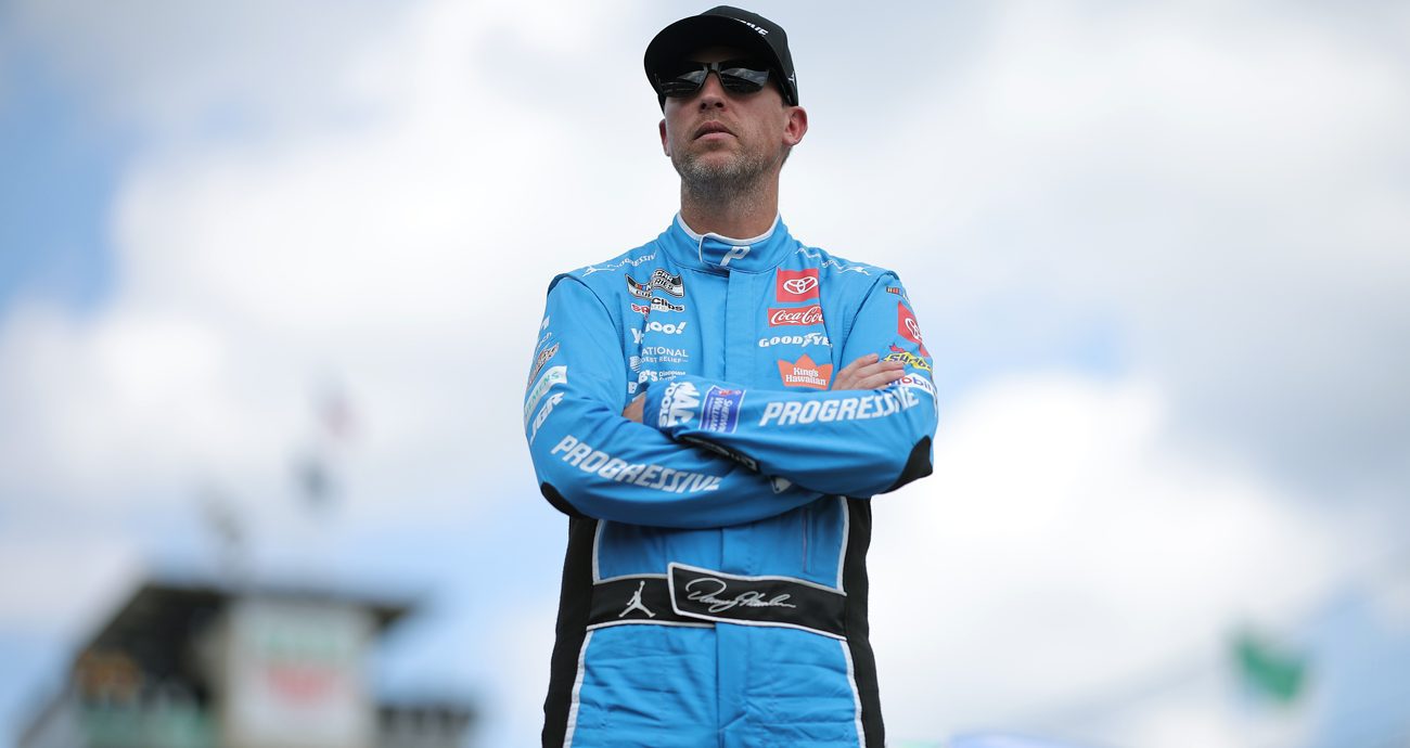 Denny Hamlin looks on during qualifying for the NASCAR Cup Series Brickyard 400 Presented by PPG at Indianapolis Motor Speedway on July 26, 2025 in Indianapolis, Indiana.