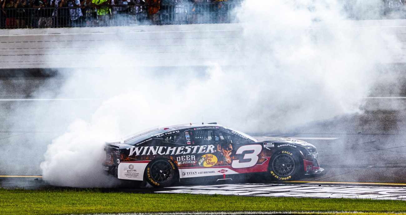 Austin Dillon performs a burnout after winning at Richmond in 2025.