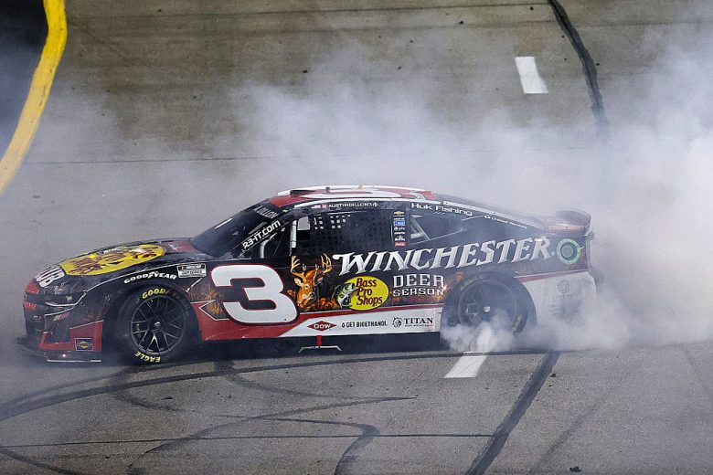 Austin Dillon does a burnout at Richmond.