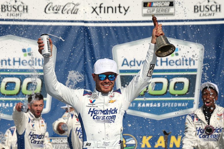 Kyle Larson celebrates in Victory Lane.