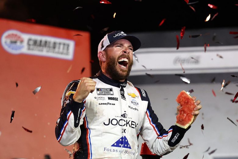 Ross Chastain celebrates in Victory Lane.