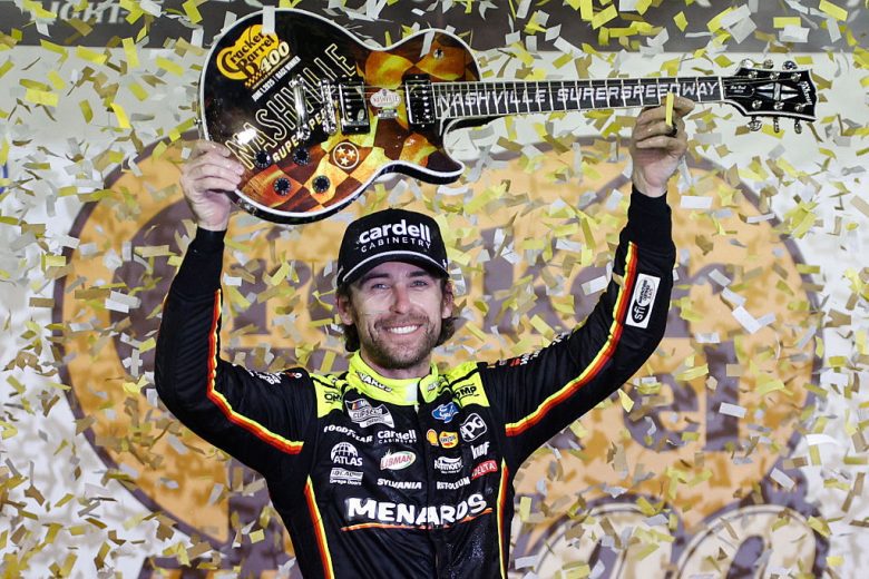 Ryan Blaney celebrates in Victory Lane.