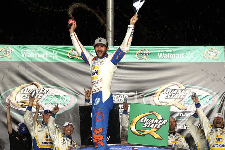 Chase Elliott celebrates in Victory Lane.