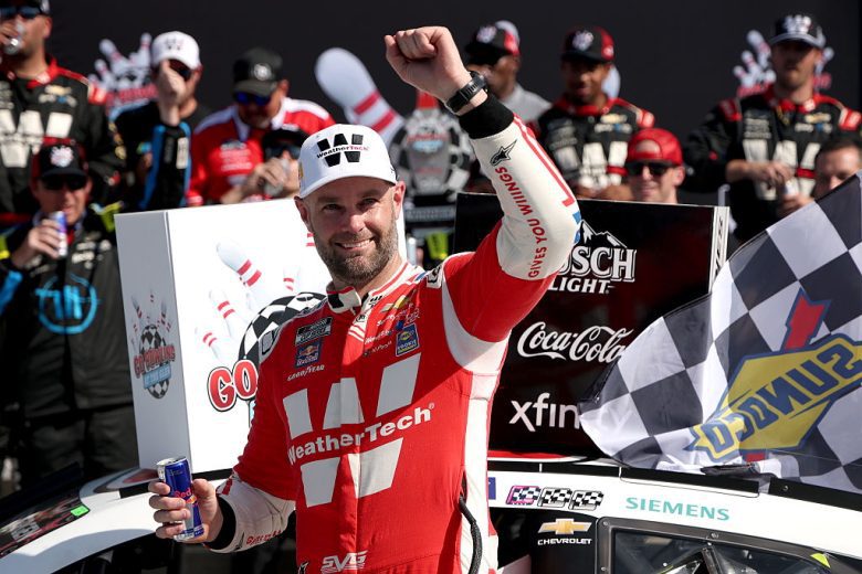 Shane van Gisbergen celebrates in Victory Lane.