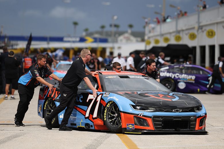 Michael McDowell's car rolls through the garage at Daytona.