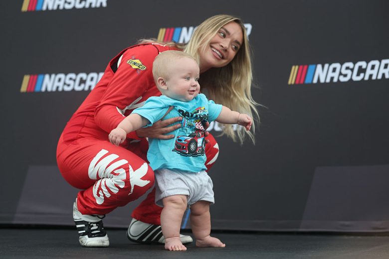 Natalie Decker and her son during driver intros at Daytona.