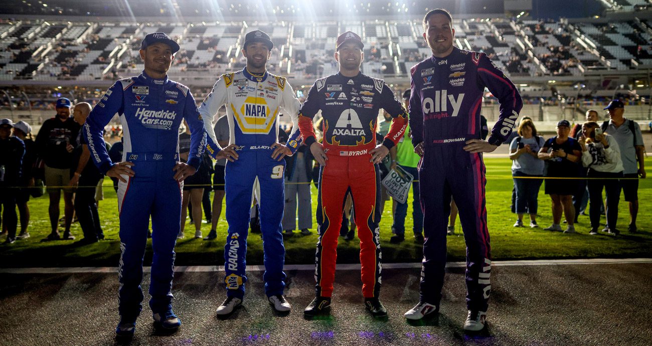Hendrick Motorsports drivers Kyle Larson, Chase Elliott, William Byron and Alex Bowman pose at Daytona.