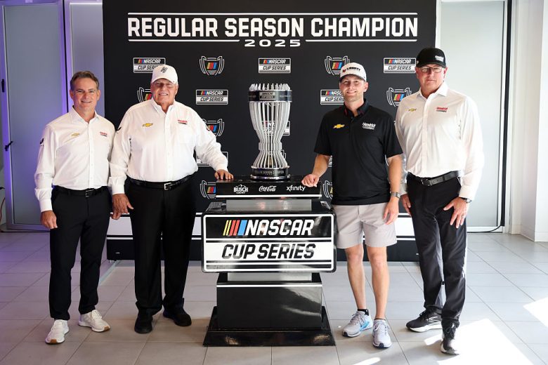 William Byron and others celebrate the Regular Season Championship.
