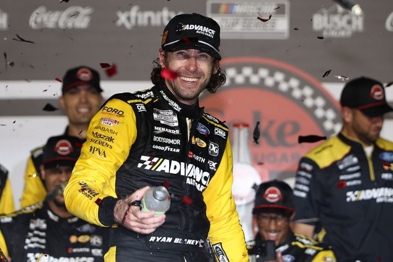 Ryan Blaney celebrates in Victory Lane at Daytona.