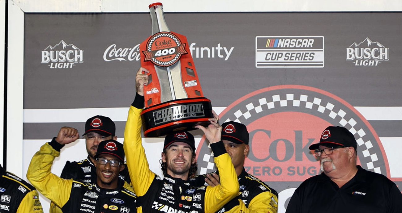 Ryan Blaney celebrates in Victory Lane at Daytona.