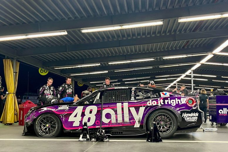 Alex Bowman's car sits in the garage at Daytona.