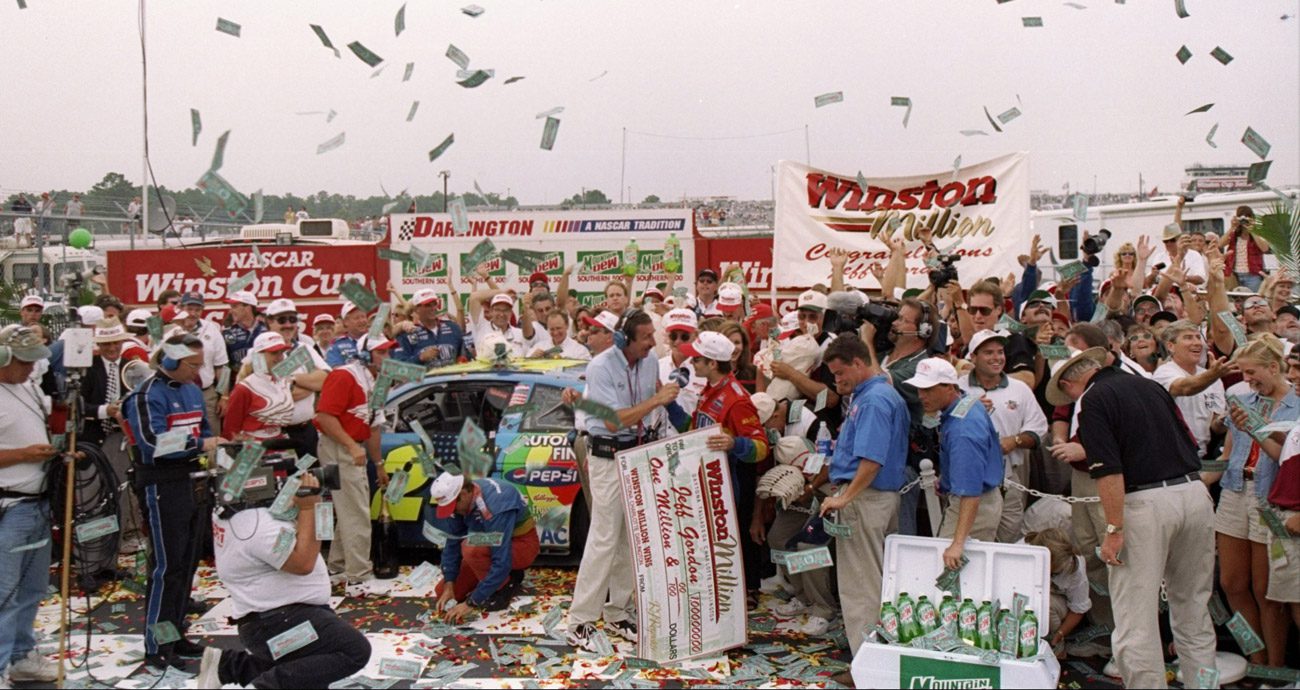 Jeff Gordon celebrates winning the 1997 Southern 500 at Darlington.